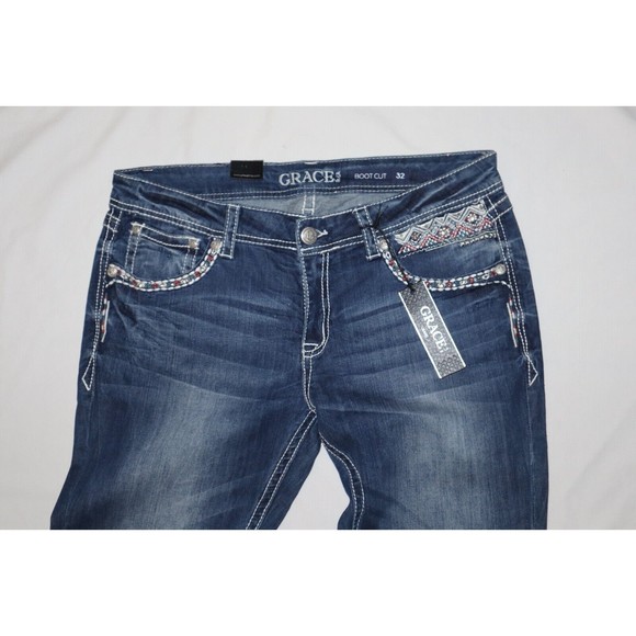 NEW Grace in LA Womens Size 32 Floral Boot Cut Stretch Floral Flap Embroidery - Picture 4 of 12